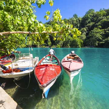 Jamaica, Port Antonio, boats in the blue lagoon
