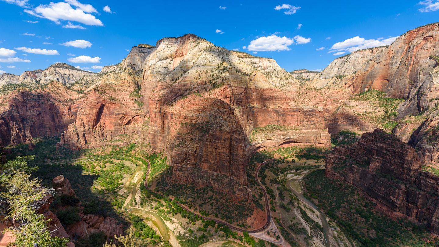 Wide angle panorama view of Zion Canyon, with the virgin river, Angels Landing Trail, Zion National Park, Utah, USA, License Type: media, Download Time: 2025-04-02T21:18:51.000Z, User: Ppeterson948, Editorial: false, purchase_order: 65050 - Digital Destinations and Articles, job: Global Publishing WIP, client: Global Publishing WIP, other: Pia Peterson Haggarty // SS Comp Ingestion
