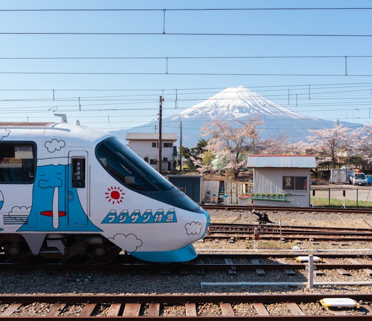 Yamanashi, Japan - April 9, 2023 : Kawaguchiko railway station platform and Fuji Mountain at spring, License Type: media, Download Time: 2025-01-26T20:17:18.000Z, User: Ppeterson948, Editorial: true, purchase_order: 56530 - Guidebooks, job: Global Publishing WIP, client: Global Publishing WIP, other: Pia Peterson Haggarty